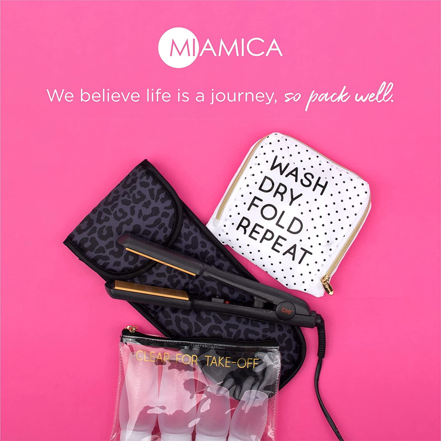 Miamica Travel Bottles Set – 15-teiliges Reise-Kit Mit TSA-konformen Flaschen & Toilettentasche (Clear/Rose Gold)