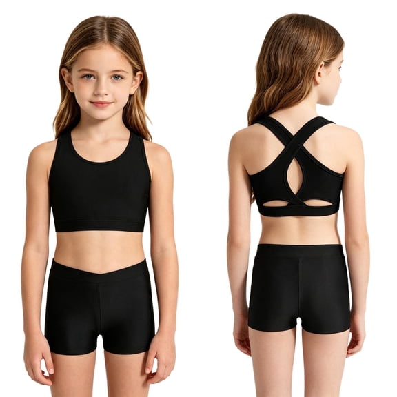 Aiihoo Girls Gymnastics Outfits Bellet Dance Competition Traning Cross Back Sleeveless Crop Top with Shorts Running Yoga Sportwear Black 12