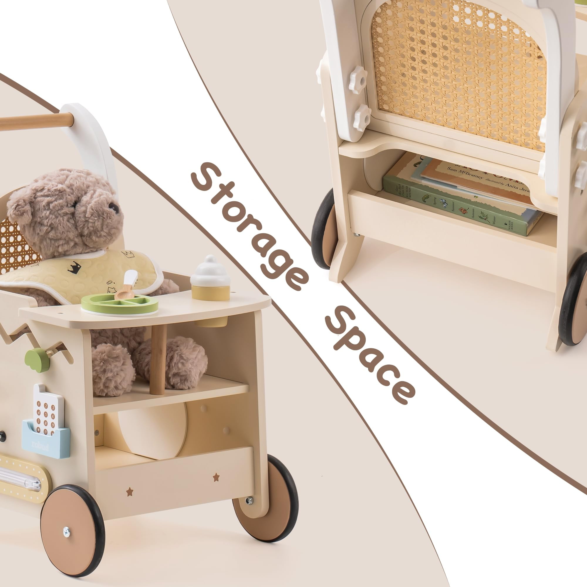 Robud Wooden Baby Walker Baby Push Walker Baby Activity Center Toys Toddler Walking Activity Center Push Toys with Safety Brake Baby Walker for Motor Skills Rattan Doll Walker Walmart
