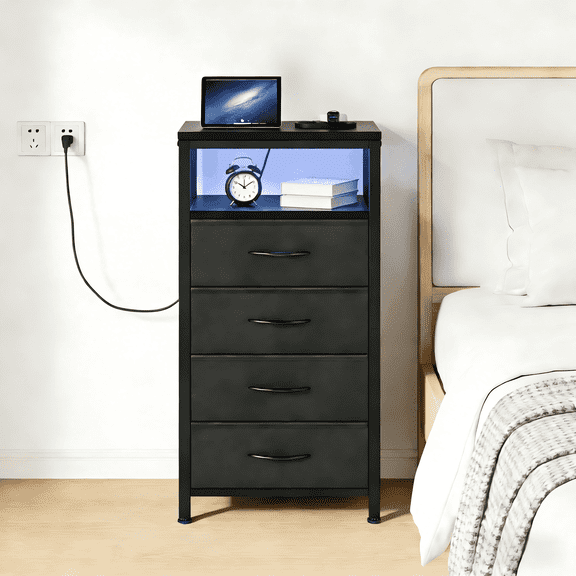 Atilioo Nightstand with Charging Station, LED Bedside Table Tall Dresser with 4 Fabric Drawers, USB/Type-C Ports and Outlets for Bedroom Living Room, Black