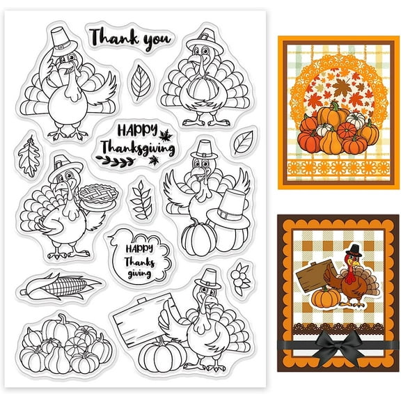 Thanksgiving Clear Stamp Turkey Autumn Pumpkin Silicone Clear Stamp Leaf Plant Rubber Stamps for Scrapbook Journal Card Making 4.3 x 6.3 Inch for diy