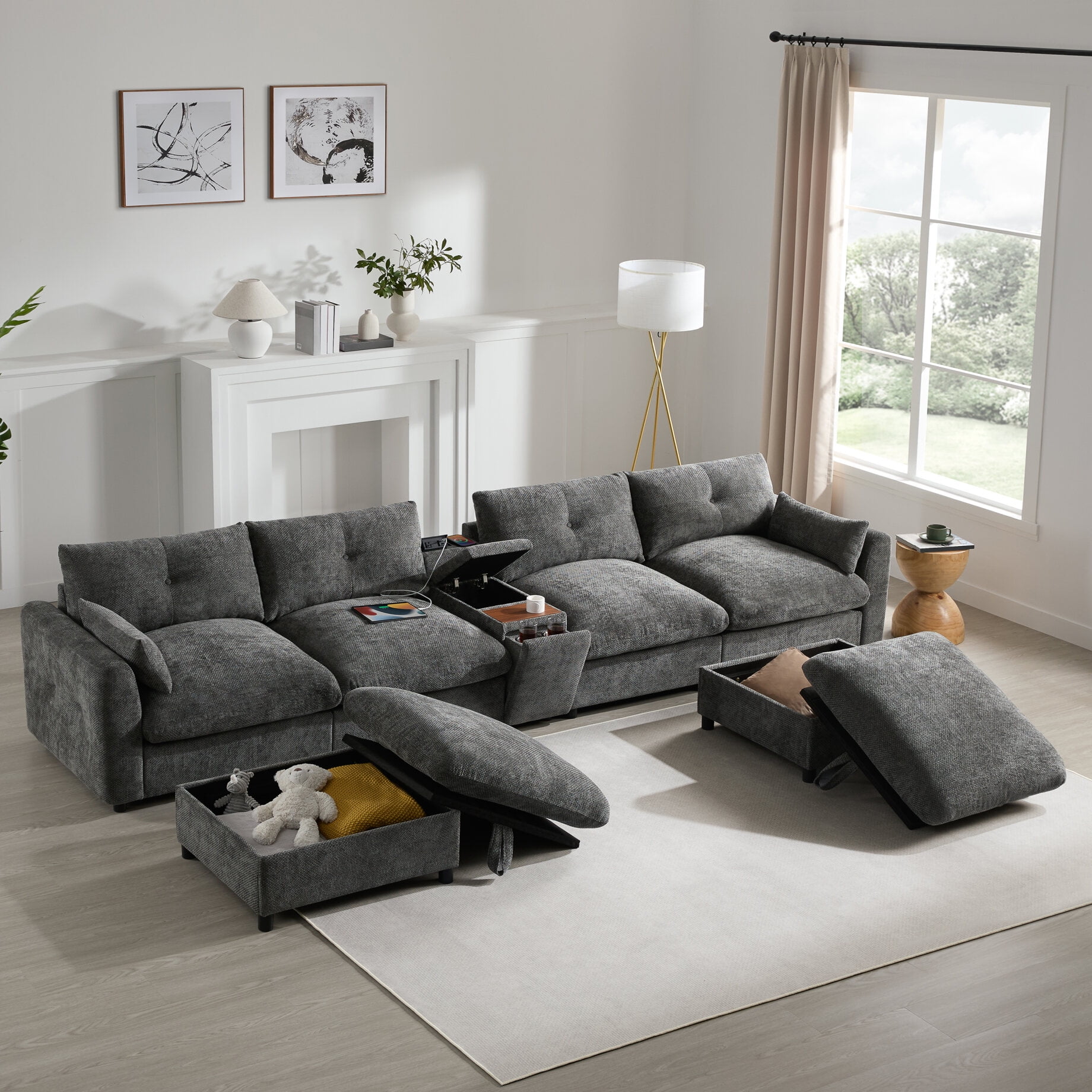 Chairus 126 Modular Sectional Sofa | L-Shape Deep Seat Couch With Ottoman, Linen Fabric (4-Seater/Black) - View #9