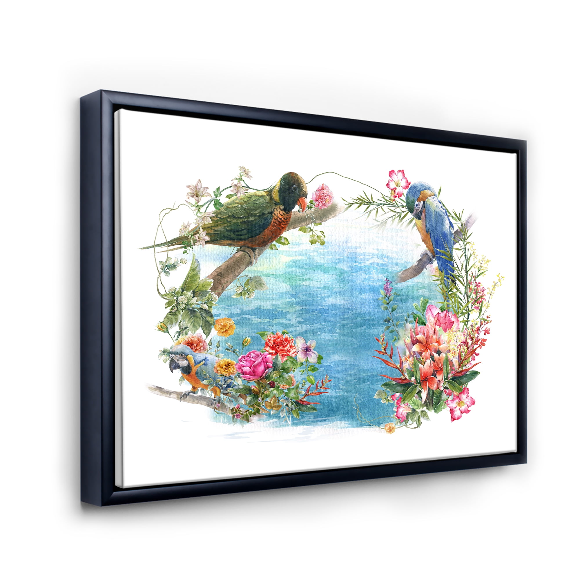 Designart 'Parrots and Flowers By The Blue Waterside' Traditional Framed Canvas Wall Art Print
