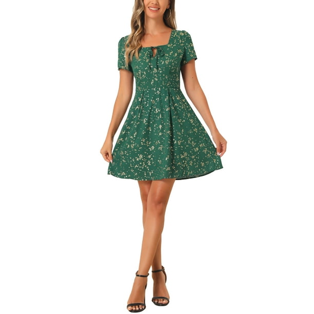 INSPIRAR CHIC Vestido de Promoción A-Line de Manga Corta con Cuello Cuadrado Impreso para Mujeres S Verde Oscuro-Floral