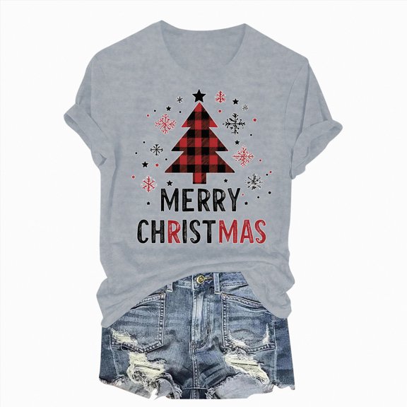 Towmus Merry Christmas Shirts for Women Casual Graphic Print T Shirt Xmas Buffalo Plaid Tree Shirt Top Short Sleeve