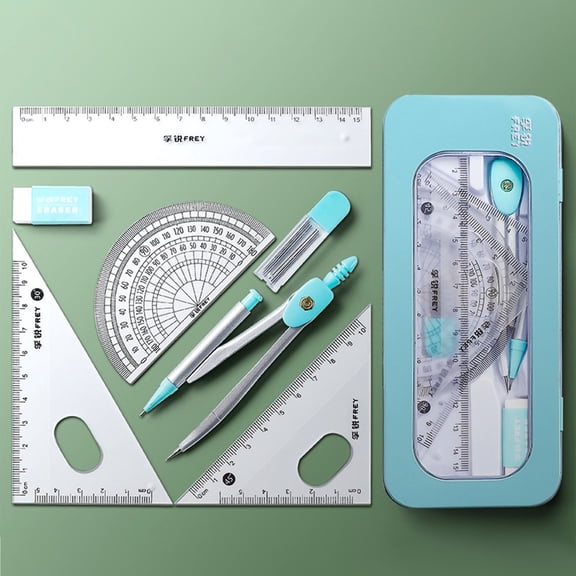 FFENYAN Geometry Set 7 Pieces Math Supplies Kit Including Compass Protractor Ruler Eraser Pencil Refills Pencil Sharpener Storage Box For Drawing And Measurement