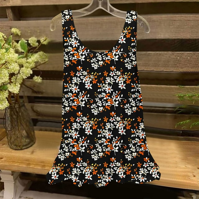 UPPADA Débardeurs pour Femmes Été Décontracté Col Rond Sans Manches Haut T-Shirts à Imprimé Floral Coupe Ample Tunique Basique Chemises Blouses Plissées Fluides Liquidation Noir,TTG