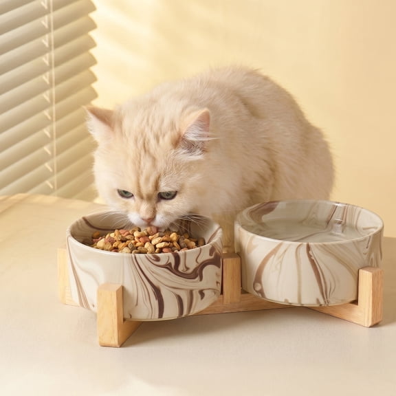 URBTGEY Ceramic Dog and Cat Bowls Set with Wooden Stand,1.9 Cups (15.3 OZ) for Cats or Small Dogs