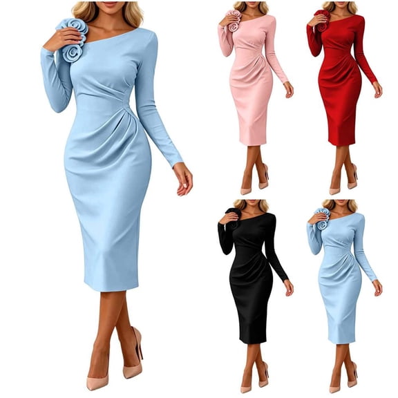 Bxsruta Womens Midi Dress Long Sleeve Crew Neck Bodycon Ruched Party Evening Gown