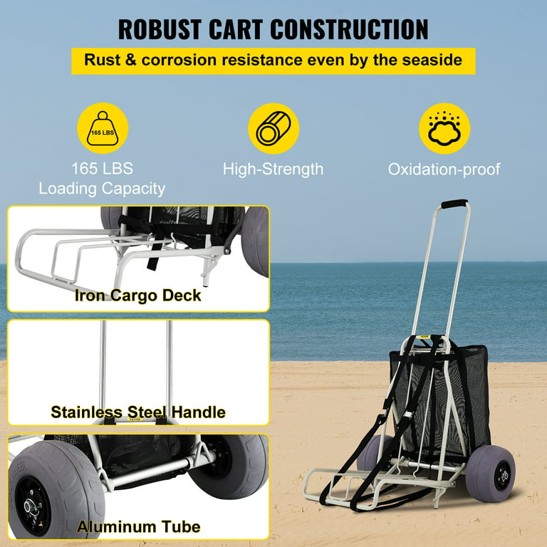 VEVOR Beach CartsA for The Sand, w/ 10 PVC Balloon Wheels, 165lbs Loading Capacity Folding Sand Cart and 29.5'' to 49.2'' Adjustable Height, Heavy