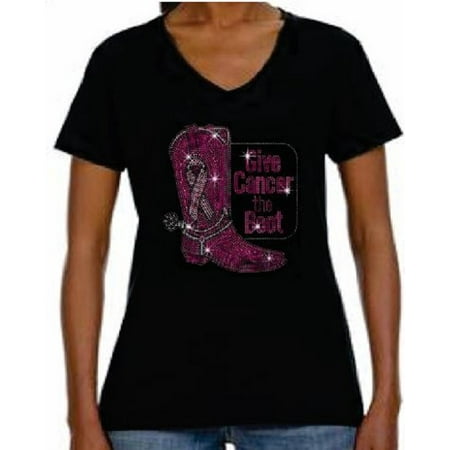 - Rhinestone Womens T Shirt Breast Cancer Boot JRW-102 - S / Women Short-Sleeve V-Neck-T-Shirt