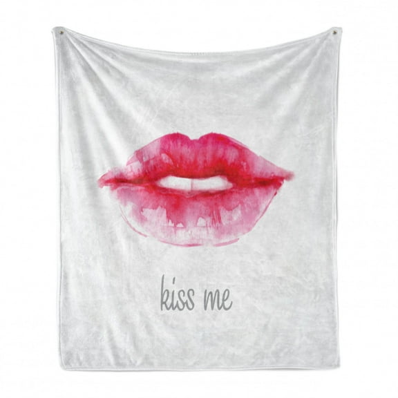 Kiss Soft Flannel Fleece Throw Blanket, Watercolor Style Woman Lips with Pink Lipstick and Kiss Me Words, Cozy Plush for Indoor and Outdoor Use, 70" x 90", Pale Grey Hot Pink, by Ambesonne