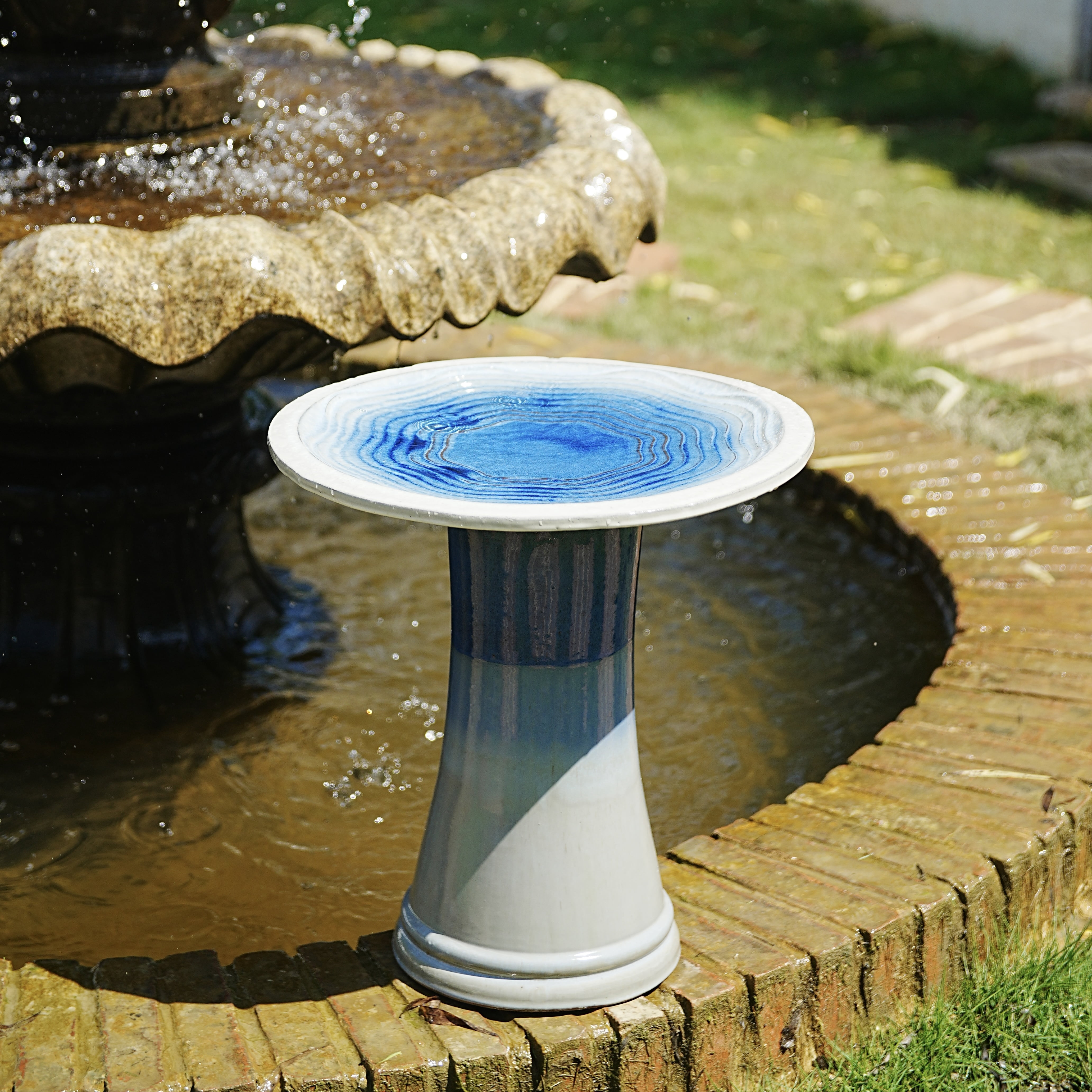 mdj pottery Blue Ceramic Pedestal Bird Bath, 18 inch Tall, 17 inch Wide Outdoor Decor Bowl for Garden, Patio & Backyard