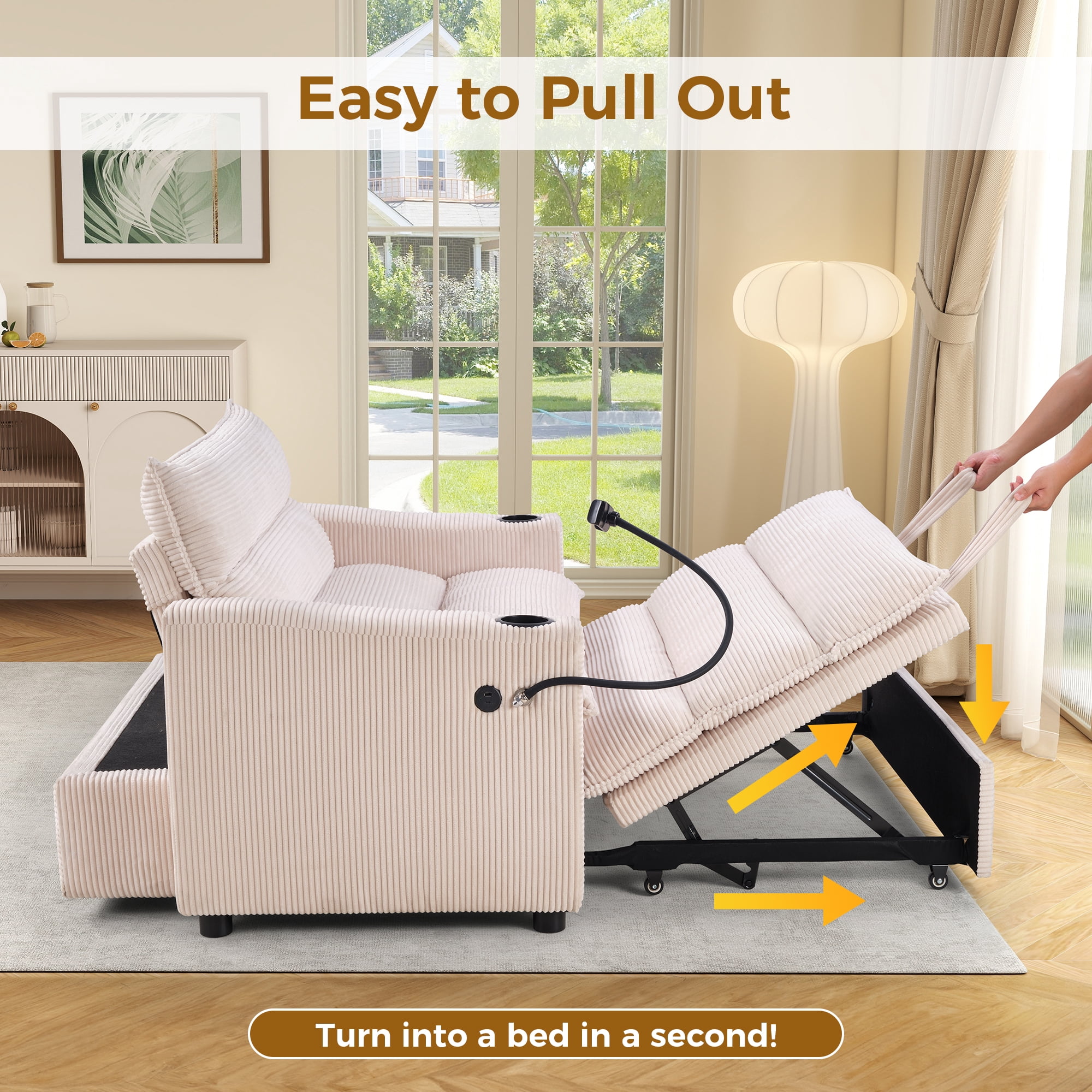 Ebello 3-in-1 Sleeper Sofa Bed, Corduroy Convertible Pullout Futon Couch with Adjustable Backrest, Phone Holders & USB Ports for Apartment, Small Space, 2-Seat(Beige)