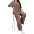 thumbnail image 3 of Plus Size Women 2 Piece Solid Casual Sets Short Sleeve Tops and Wide Leg Pants Outfit, 3 of 6