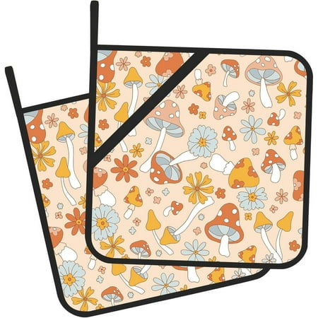 

Sunyuer 2 PCS Pot Holders for Kitchen Groovy Hippie Mushroom Print Pot Holders for Kitchen Heat Resistant Non Slip Potholder with Hanging Loop for BBQ Cooking Baking
