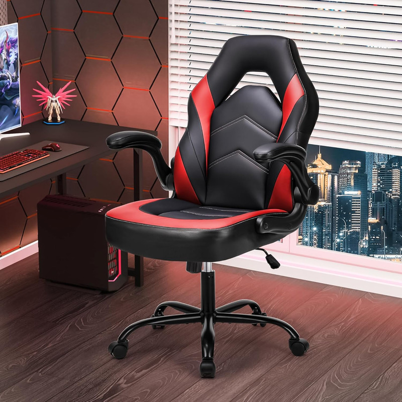 Beddle Gaming Office Chair, Ergonomic PU Leather High Back Swivel Computer Desk Chair with Flip-up Arms, Lumbar Support, Black Red