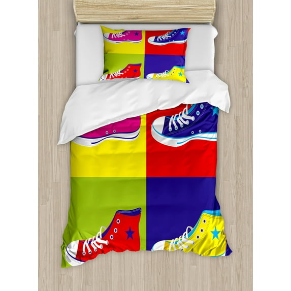 Teen Room Duvet Cover Set Twin Size, Retro Style Kitsch Sport Shoes in Various Colors Background Culture Graphic Print, Decorative 2 Piece Bedding Set with 1 Pillow Sham, Multicolor, by Ambesonne
