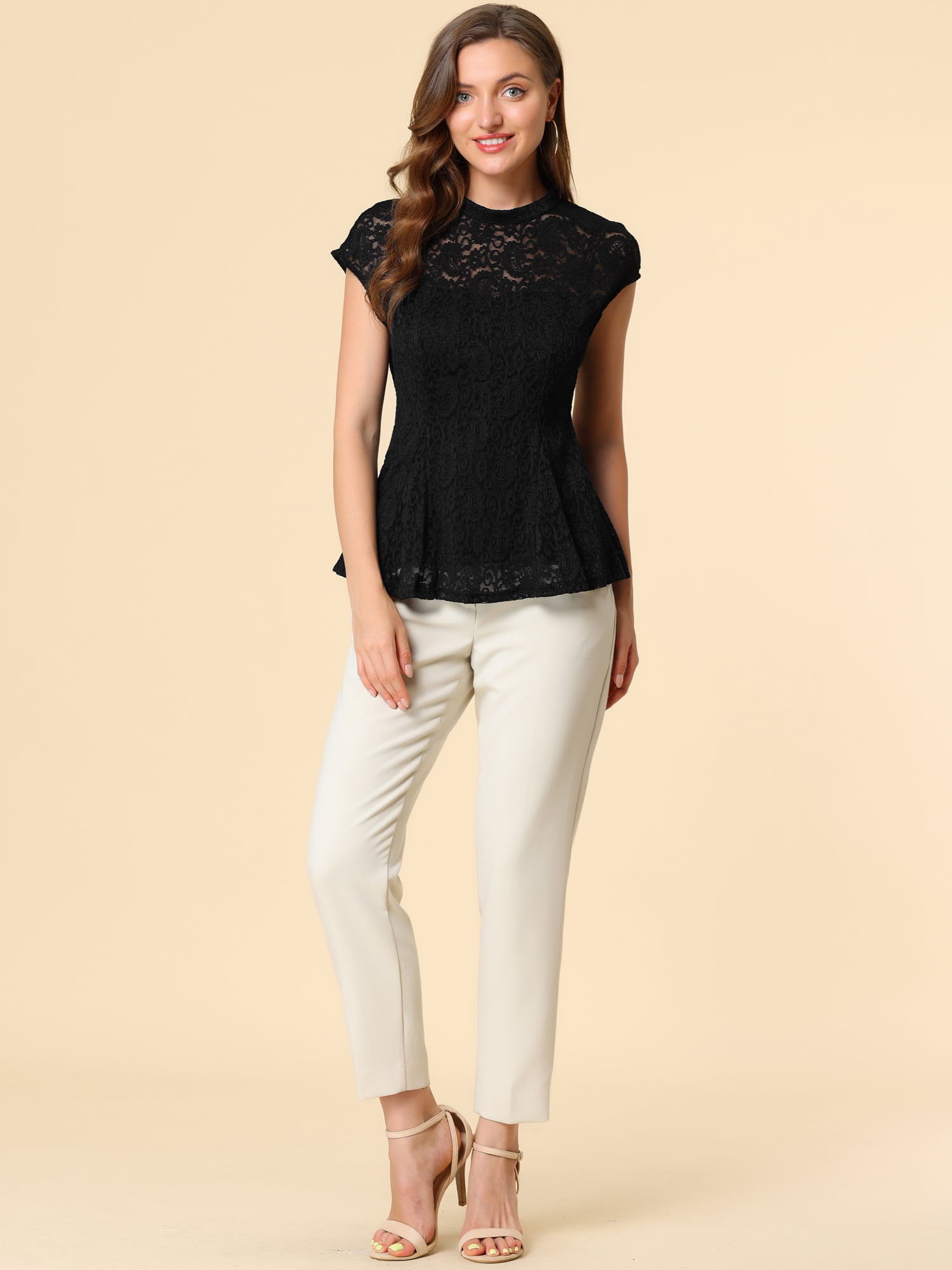 DARING DIVA Lace Floral Crochet Sleeveless Peplum Blouse L Black