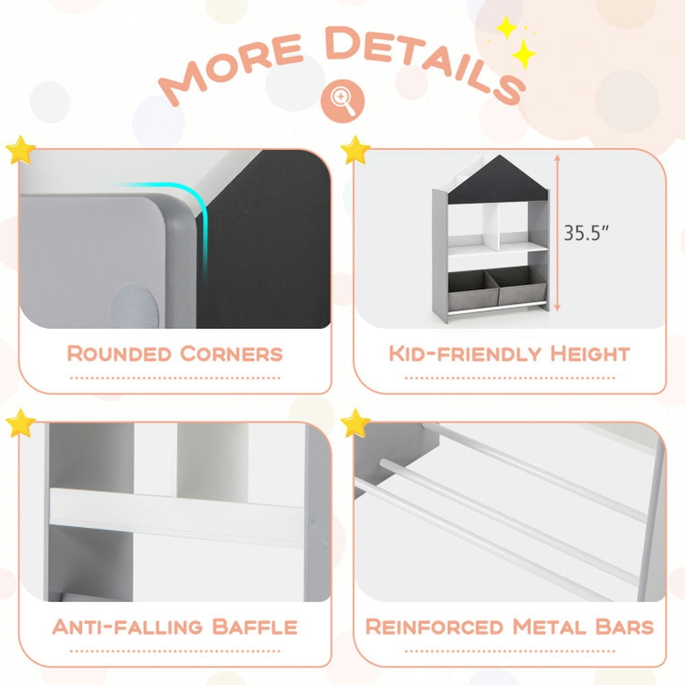 Topcobe Playhouse Kids Bookshelf with Chalkboard and Whiteboard for 3-6 Years, Kids Furniture for Living Room Bedroom-Gray