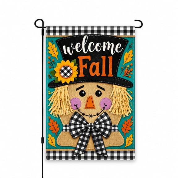 Welcome Fall Scarecrow Garden Flag 12x18 Inch, Autumn Harvest Theme with Sunflower & Leaves, Outdoor Decor for Yard, Lawn, Patio or Porch Display