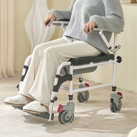 KFFKFF Shower Commode Wheelchair with 4 Lockable Wheels Footrests Flip-up Arms