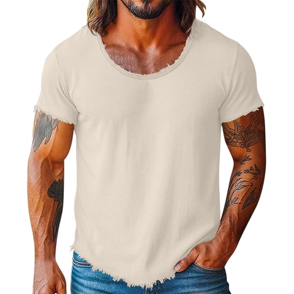 JSheng Men's Linen T-Shirt Summer Solid Color Short Sleeve Round Neck Classic Casual Sportswear Tops Linen Shirts for Man Beige L