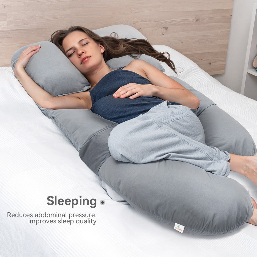 Pregnancy Pillow, Caveen Full Body Maternity Pillow for Side Sleeping, with Adjustable Wedge Pillow and Velvet Cover, Washable, Grey