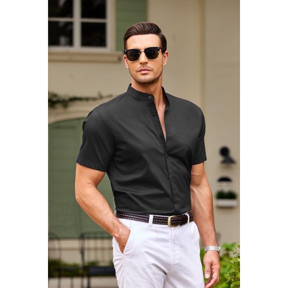 COOFANDY Mens Casual Dress Shirt Short Sleeve Button Up Shirts No Collar Collarless Dress Shirts Summer Fitted Shirts