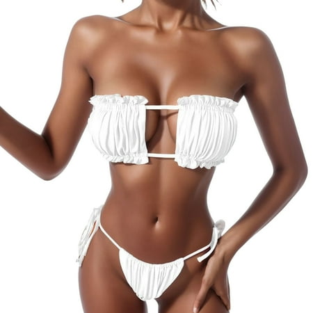 Women s Bikini Sets High Waisted 2 Piece Swimsuit Beachwear Push-Up Sexy Hollow Padded Ruched Swim Suits For Women 2025 Swimwear White S