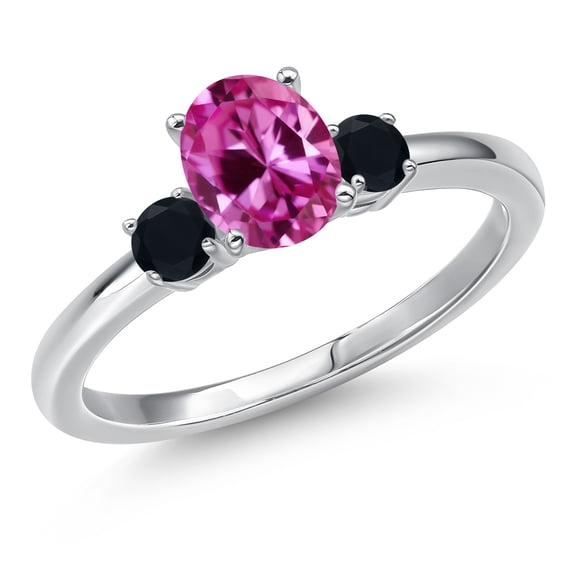 Gem Stone King 14K White Gold Pink Created Sapphire and Black Onyx Engagement Ring for Women | 1.10 Cttw | Oval 7X5MM | Gemstone September Birthstone | Size 6