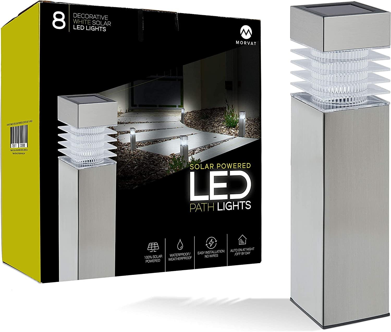 Morvat LED Stainless Steel Outdoor Landscape Yard Pathway Solar Lights, 8 Pack