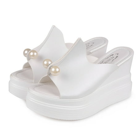 

Inkach Womens Ladies Slippers Thick-Bottom Solid Pearl Waterproof Wedge Sandals Shoes
