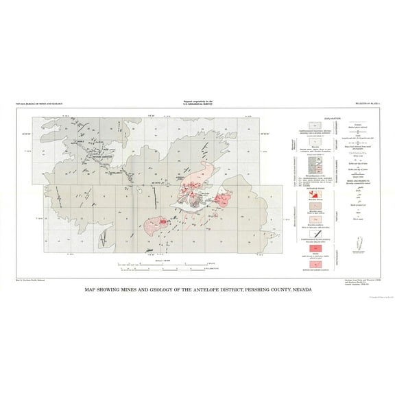 Historic Mine Map - Nevada Antelope District Pershing County Mines - USGS 1958 - 44.60 x 23 - Vintage Wall Art
