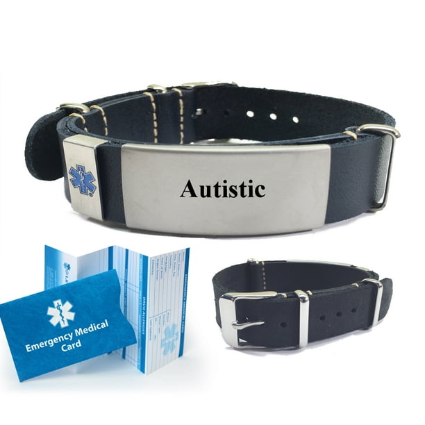 "AUTISTIC" Top Grain Leather Nato Style Medical Alert ID Bracelet