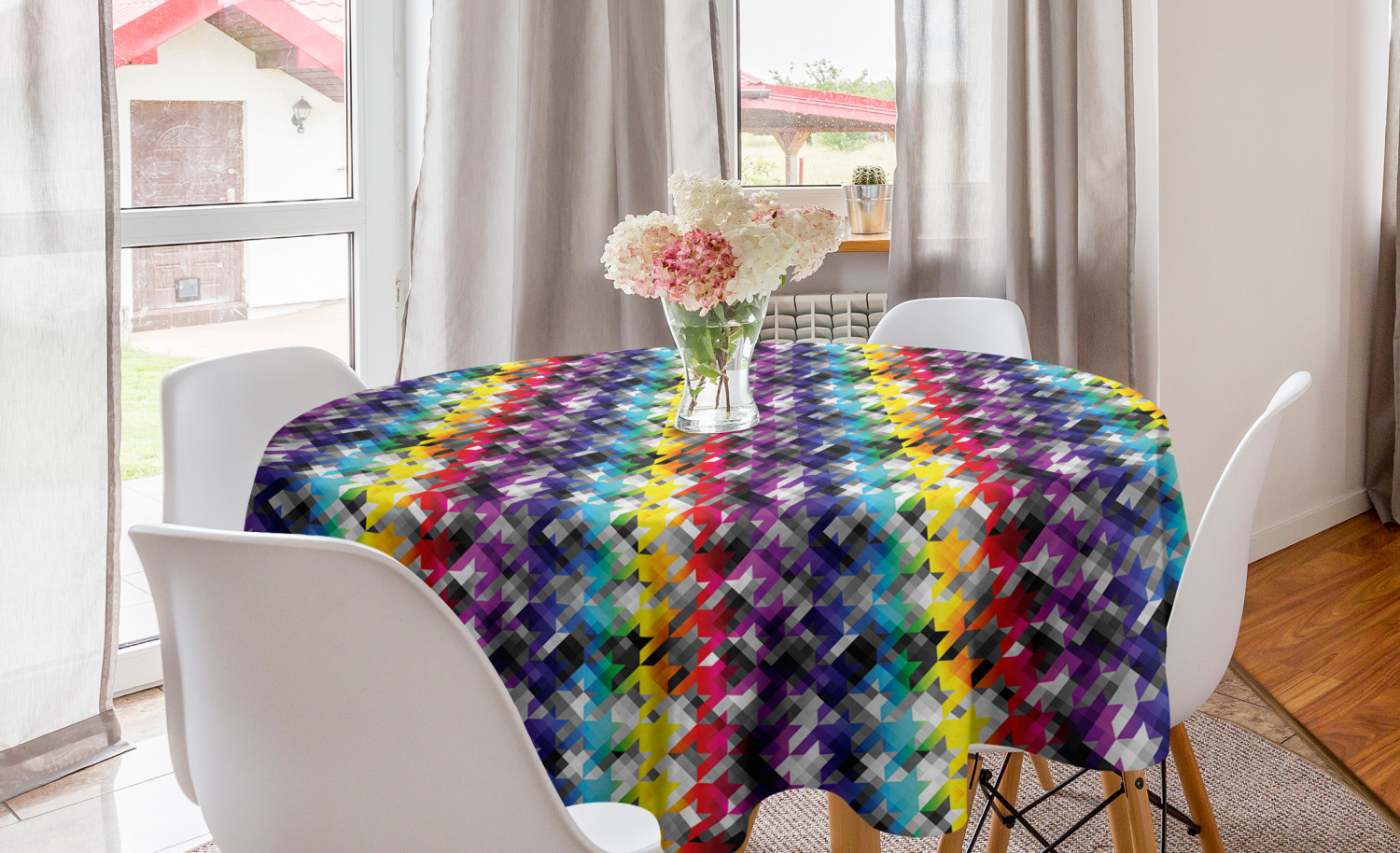 Colorful Round Tablecloth, Diagonal Geometrical Houndstooth Pattern in ...