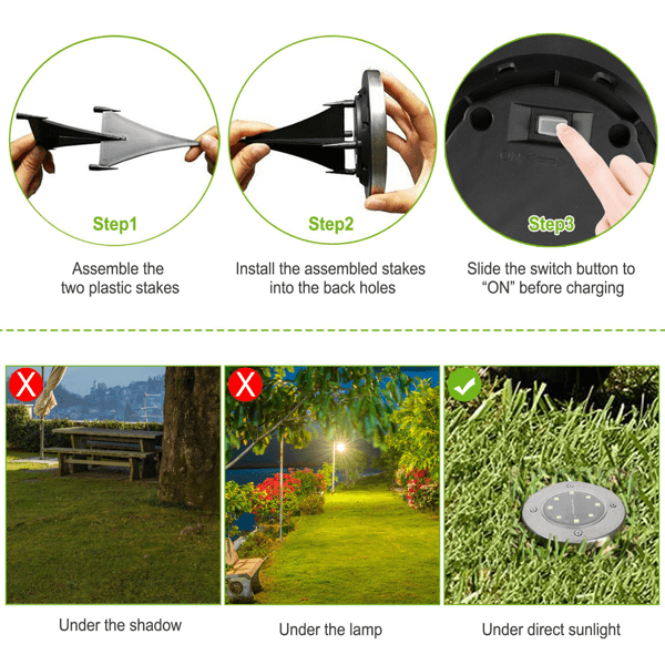 4 Pack Outdoor Solar In‑Ground Pathway Lights, IP65 ABS & Stainless Steel Ground Lamp with Light Sensor, Ground Stakes for Lawn, Sidewalk and Yard Decoration