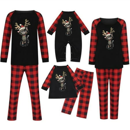 

ZCFZJW Rollbacks Matching Family Christmas Pajamas Plus Size Cute Cat with Xmas Antlers Print Plaid Long Sleeve Tee Shirts and Pants Two Piece Parent-Child Homewear Pajamas Suit(Mom-L)