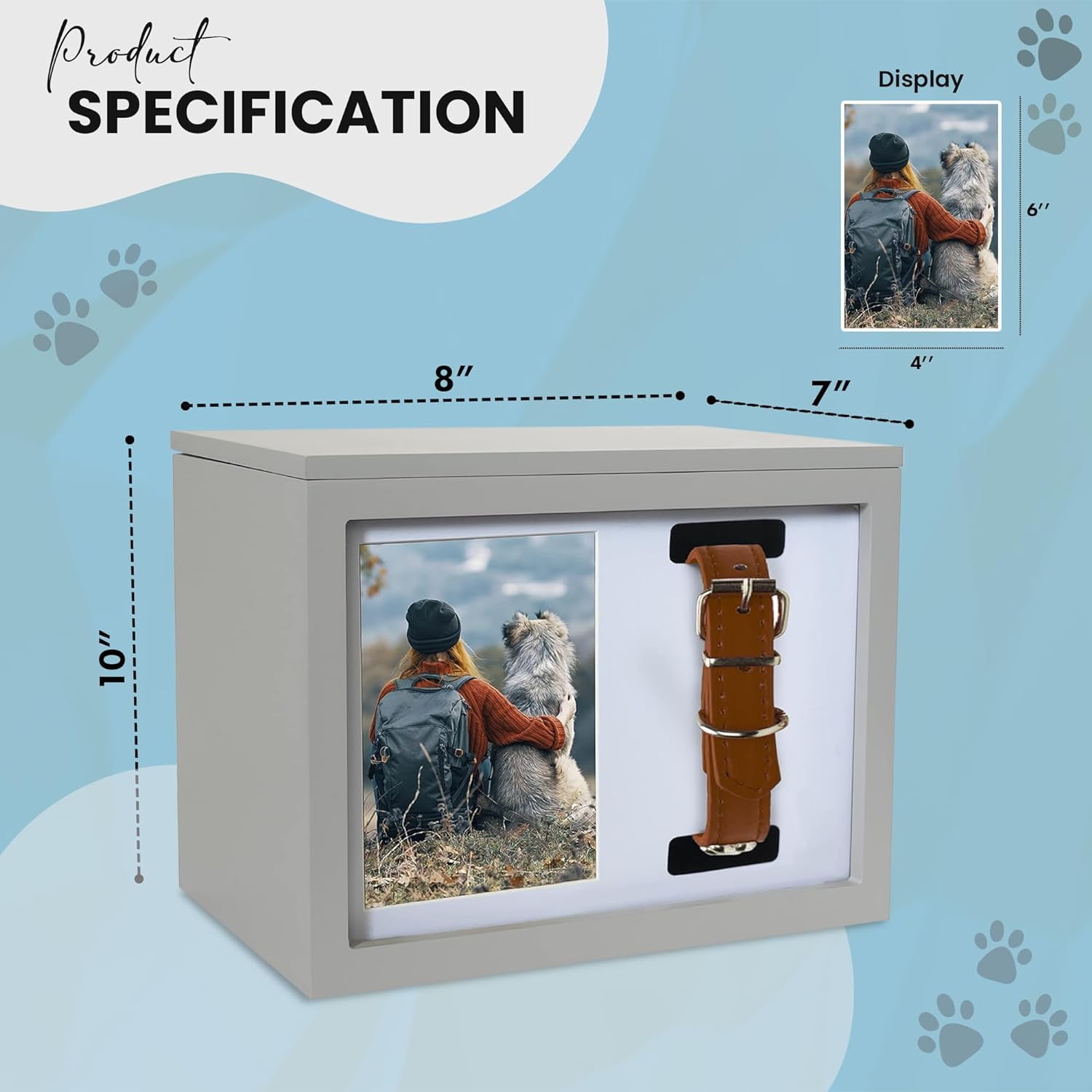 Better World Pets Urn and Keepsake Box Memorial, 4"x6" Photo Frame Holds with Collar Display, Cats and Dogs Picture Frame, Gray