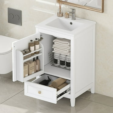 Miekor Furniture 20" Bathroom Vanity With Sink, Bathroom Cabinet With Soft Closing Door, Storage Rack And A Drawer, White 5452K