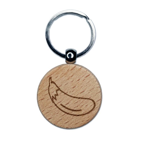 Eggplant Outline Round Keychain Charm Tag - Engraved Wood