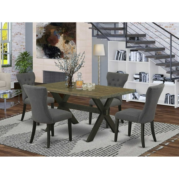 East West Furniture 5-Piece Kitchen Dinette Set Included 4 Parson chairs Upholstered Seat and High Button Tufted Chair Back and Rectangular Dining Table with Distressed Jacobean Dining room Table Top