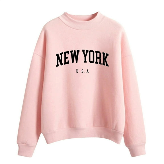 Bmisegm Autumn Winter O Neck Solid Color Prints Long Sleeve Pullover Sweatshirts for Women York Pink M