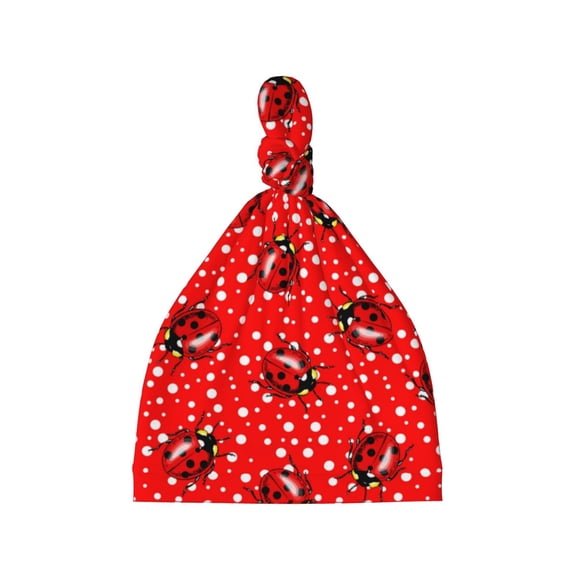 Sikiie Red Ladybugs On White Dotted Baby Newborn Hats, Infant Knotted Baby Hat, Beanie Top Knot Caps for Baby Boys Girls