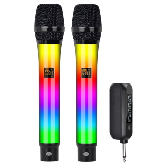 Wireless Karaoke Microphone with RGB Lights, Rechargeable, Noise-Reducing Unidirectional Mic, 2.4G Auto Pairing, Dual Connectors (6.5mm/3.5mm) for Speaker/PA System, for Home Party and Singing
