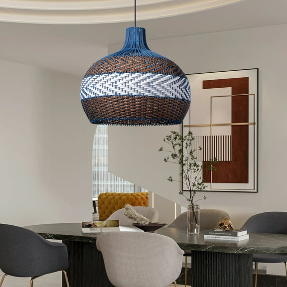 Arturesthome Rattan Pendant Lights for Kitchen Island,Rattan Chandelier,Handmade Blue and White Woven Ceiling Hanging Light Lamp Shade