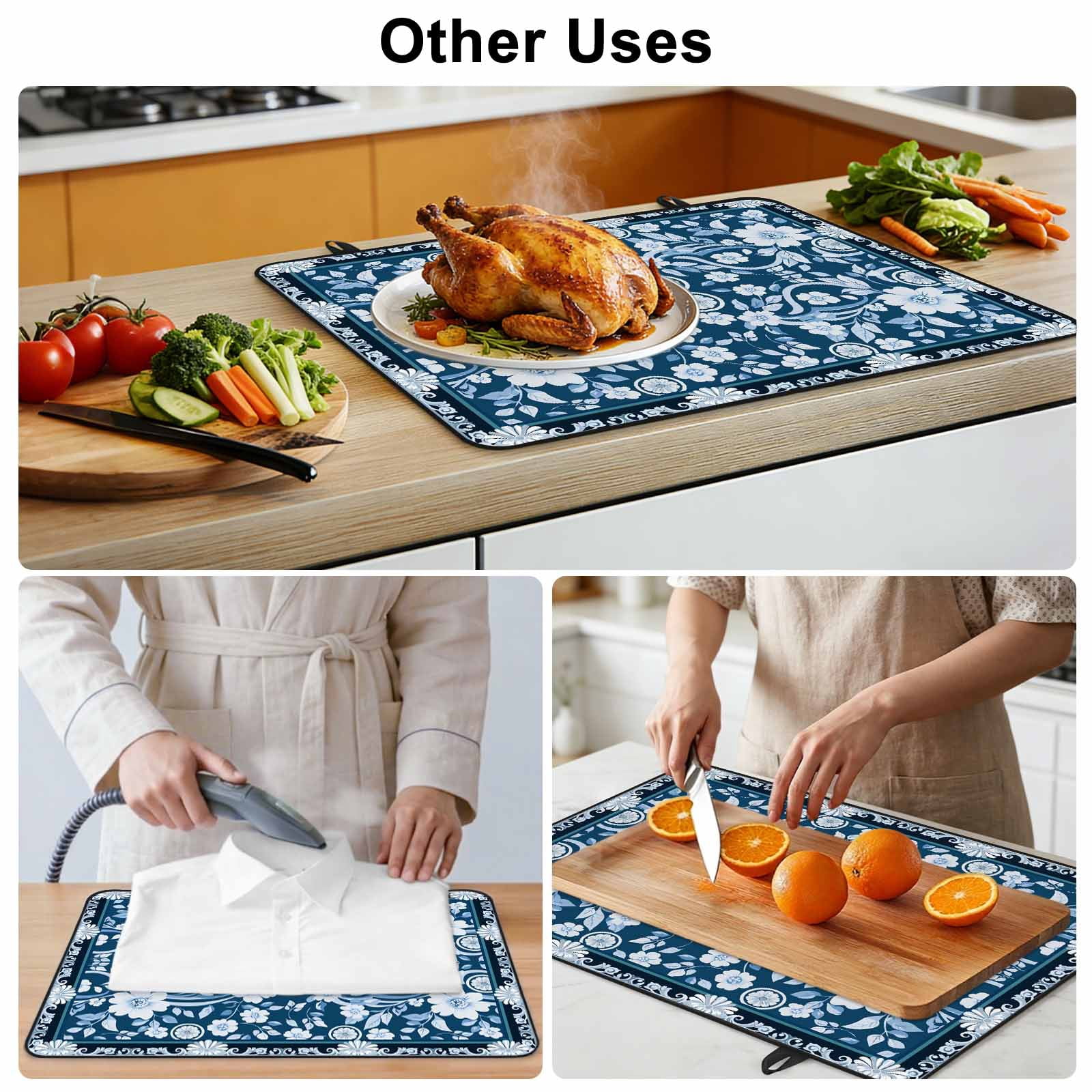 Blue White White Flowers Stove Top Cover for Electric Stove, Heat-proof & Non Slip Glass Top Stove Cover Protector, Rustic Vintage Botanical Leaves Kitchen Flat Cooktop Rubber Mat 24x21 Inches