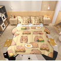 Feelyou Brown Kawaii Capibara Bedding Comforter Set 7pcs, Kawaii Fast Food Queen Bedding Sets, Teens Boys Girls Kids Reversible Queen Sheet Sets, Breathable Home Decor
