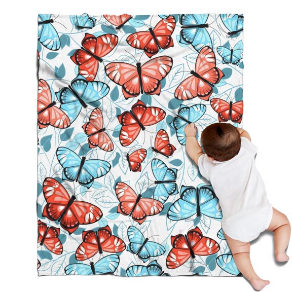 White Butterfly Red Blue Leaf Pattern Blanket,Comfortable Soft Flannel Throw Blanket,All Season,Warm Lightweight Blankets for Sofa Bed Couch Living Room Chair,30"x40"