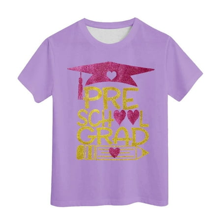 QUOTAY Graduation Girls T Shirts Kindergarten Short Sleeve Round Neck for School Kids 2026 Preschool Celebration Breathable Comfortable Girls Tops Tees & Blouses Light Purple_001 110